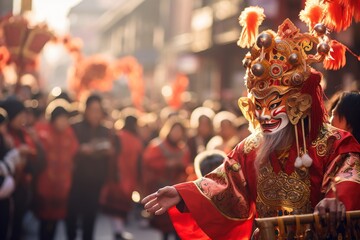 Aufkleber - Chinese new year. Man at festival wearing traditional Chinese masked costume