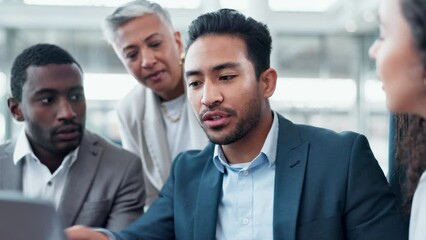Aufkleber - Business people, meeting and laptop for planning, collaboration and brainstorming solution in finance. Corporate manager with employees feedback, proposal and talking of sales or teamwork on computer
