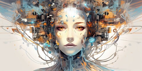 Wall Mural - AI Generated. AI Generative.  artificial intelligence girl illustrataion. Future technology education system. Can be used for cyber games