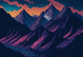 Wall Mural - Colourful cartoon theme sunrise in mountains.
