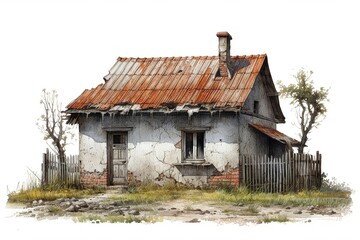 Poster - Old ruined hut isolated on white background