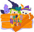 Leinwandbild Motiv Vector Halloween Illustration with Little Witch, Baby Bat and Skeleton
