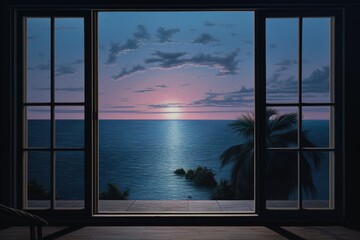 Wall Mural - A painting of a view of the ocean from a window. Digital image.