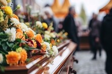 Sacred Farewell, A Coffin With Flowers In The Middle Of A Cemetery, A Gloomy Funeral Ceremony.