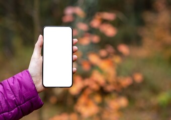 Poster - Mobile phone screen mock up in hand. Banner background with copy space for text