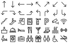 Hotel Wayfinding Line Icon Set. Reception Desk, Bell, Restaurant, Bar, Cafe, Swimming Pool, Gym, Spa, Laundry, Luggage Storage, Wi-fi, Meeting Room Outline Symbols. Editable Stroke. Vector Graphics