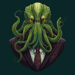 Wall Mural - Isolated Business Cthulhu in a Fancy Pinstripe, Suit. Cryptobro Monster. Vector Art. Sci-Fi, Fantasy, Historic, Horror Character Portrait. Graphic Novel, Video Game, Anime, Comic, or Manga Style.