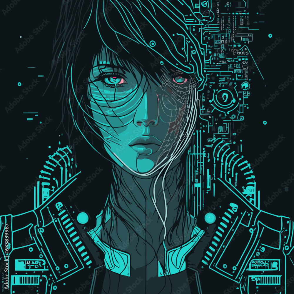 Cyberpunk Girl with Aqua Computer Schematics and Circuits behind Her ...