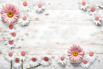 Wall Mural - White wooden shabby chic spring background with pink daisy flowers. 
