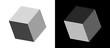 Geometric lines art. Cube shape icon or logo. Black shape on a white background and the same white shape on the black side.