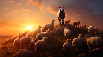 Wall Mural - sheep with cross on the background at sunset