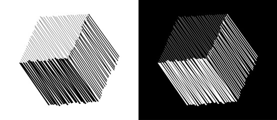 Leinwandbilder - Geometric lines art. Cube shape icon or logo. Black shape on a white background and the same white shape on the black side.