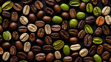 Roasted And Green Coffee Beans Background. Created With Generative AI Technology.
