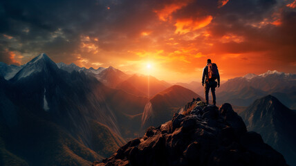 Wall Mural - man standing on top of a mountain