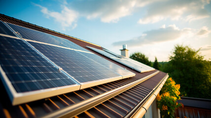 Wall Mural - solar energy panels on the roof of the house in the evening at sunset