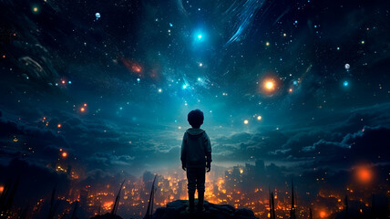 Wall Mural - little boy looking at starry sky