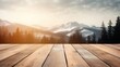 Empty wood table in front of mountains and woods blurred bokeh background concept image for product  presentation, generative AI	
