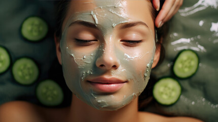 Sticker - Beauty caucasian female woman with clean pure skin taking spa with cucumber slices and facial mask. Skin beauty health care concept. Created with Generative AI technology.