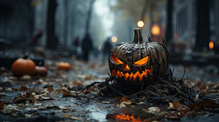 Devil pumpkin lay on the sidewalk in abandoned city with a terrifying atmosphere. Halloween and scary concept.