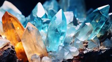 Aquamarines And Raw Crystal Gems Concept With Closeup Of A Bunch Of Blue Uncut Aquamarine, Topaz Or Tourmaline Crystals Generative AI