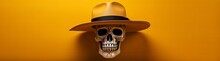 The Day Of The Dead. Sugar Skull In A Yellow Hat On A Yellow Background, In The Style Of A Traditional Mexican Style. Place For Text, Copy.