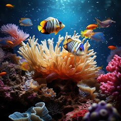Wall Mural - Aquarium underwater  fishes in sea coral reef. Ocean nature: water animal tropical life, aquatic wildlife