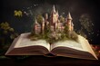 A castle emerging from an open book in a dark and smoky background. The image conveys a sense of magic and mystery.