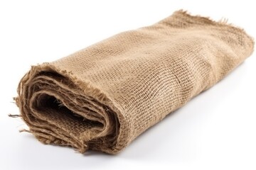 A tight roll of burlap fabric with frayed edges on a white background