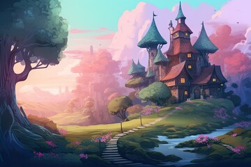 Wall Mural - A fairytale castle in a colorful landscape. The image evokes a sense of wonder and fantasy.