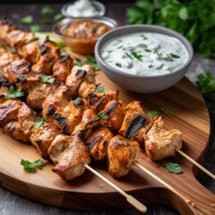 Wall Mural - A wooden platter of grilled chicken skewers