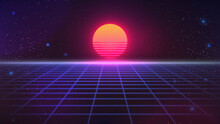Synthwave Sunset Backround. Retro Future 80s Backdrop. Perspective Grid, Sun, Dark Starry Sky. Futuristic Sci-fi Virtual Scene. 3d Computer Abstract Style. Flyer Template. Stock Vector Illustration