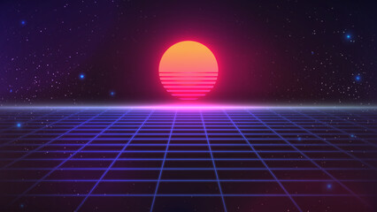 Wall Mural - synthwave sunset backround. retro future 80s backdrop. perspective grid, sun, dark starry sky. futur