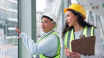 Wall Mural - Architecture woman, teamwork and checklist in design inspection, construction planning or building progress. Manager, industry worker and people with clipboard, civil engineering safety or management