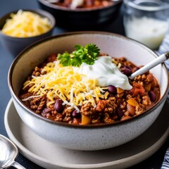 A hearty bowl of chili con carne with sour cream and chedar