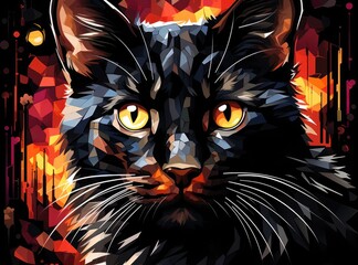 Sticker - A painting of a black cat with bright yellow eyes. Generative AI image.