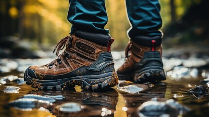 Canvas Print - A person wearing hiking boots standing in water. Generative AI image.