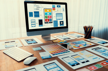 Poster - digital and paper wireframe designs for web or mobile app ui ux display on laptop computer screen. p