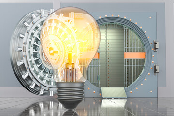 Poster - lightbulb with opened bank vault, 3d rendering