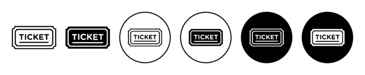 Tickets vector icons set. cinema movie show symbol in black color. travel train or plane flight Tickets sign. lottery Ticket symbols. suitable for apps and web UI designs.