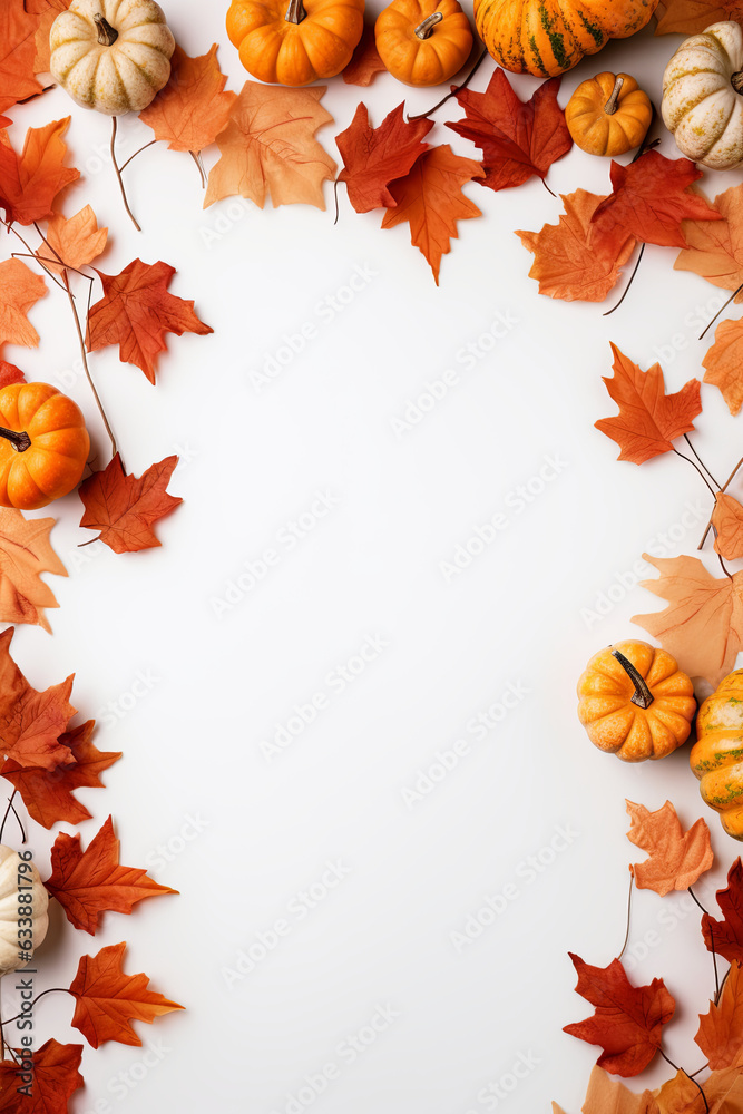 Fall background with orange pumpkins and fall leaves on a light surface ...