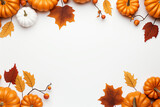 Fototapeta  - Fall background with orange pumpkins and fall leaves on a light surface, generative AI