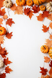 Fototapeta Las - Fall background with orange pumpkins and fall leaves on a light surface, generative AI