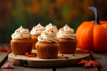 Wall Mural - Pumpkin cupcakes on a wooden table topped with cream cheese frosting and dusted with cinnamon, generative AI