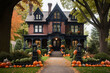 House decorated for Halloween with pumpkins and webs, witches and ghosts, generative AI