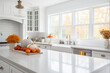 canvas print picture - White modern kitchen decorated for fall with orange pumpkins and leaves, generative AI