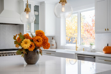 White modern kitchen decorated for fall with orange pumpkins and leaves, generative AI