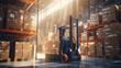 © mozZz - Forklift doing storage in warehouse by artificial intelligence automation. Robotics applied to industrial logistics.