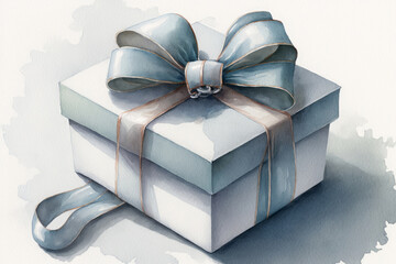 Wall Mural - White gift box with blue ribbon on white background watercolor style, generative AI