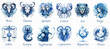 12 Zodiac signs in blue tones on white background