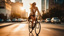 Blonde woman riding a bicycle in the city during golden hour